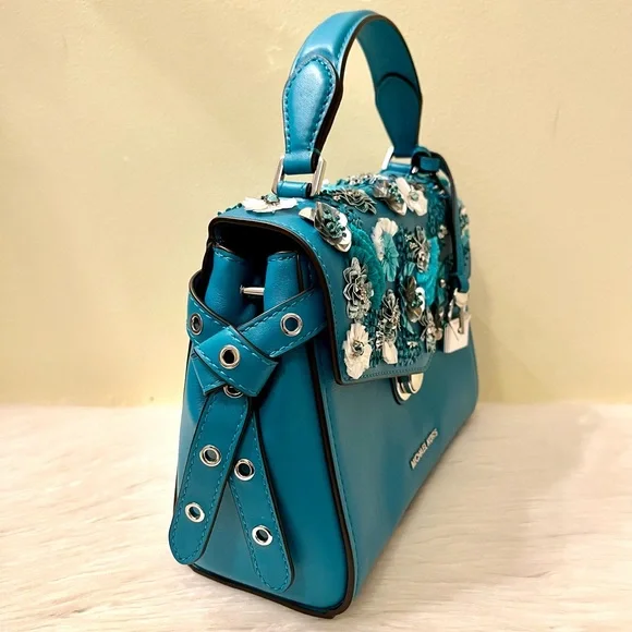 RARE Michael Kors Floral Sequined Leather Satchel - Picture 5 of 10